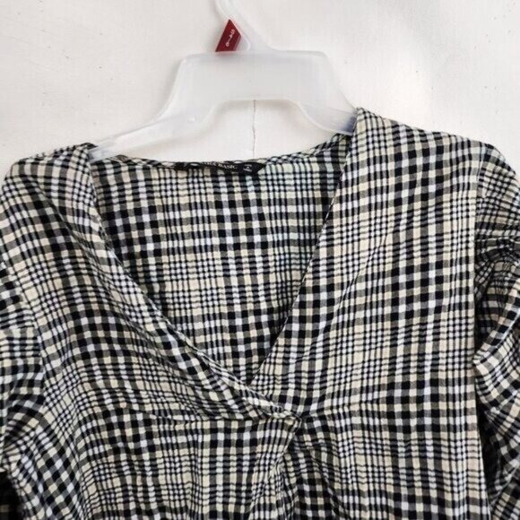Zara Basic Womens Blouse Top Small Beige Black Plaid 3/4 Sleeve Preppy Academia - Picture 2 of 6